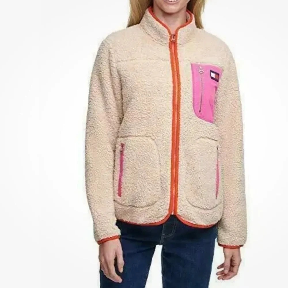 Tommy Hilfiger Oatmeal Pink Orange Sherpa Fleece Jacket Fully Zip Size XL